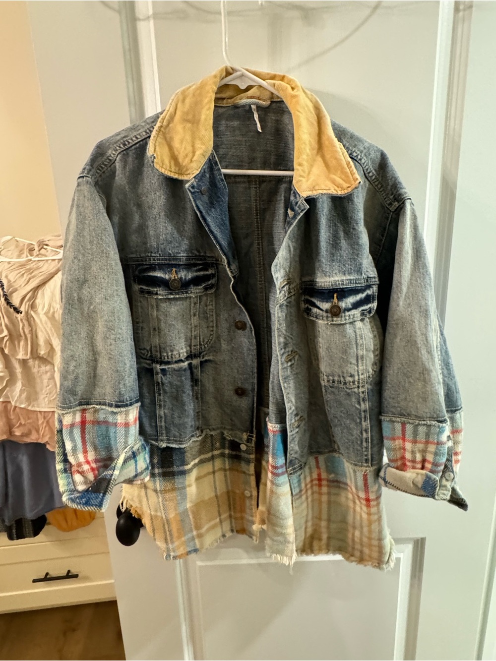 Free People Denim Patchwork Jacket with Yellow Corduroy Collar - Picture 1 of 2